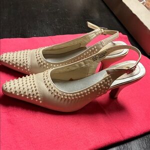 Pointed Slingback Heels with Stud Detail in Cream